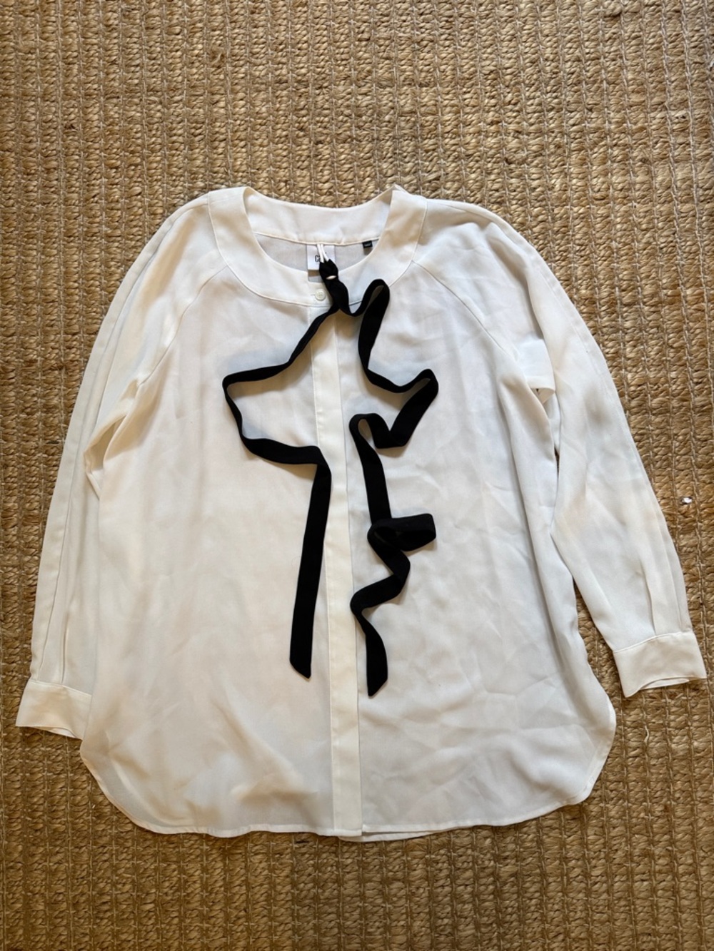 Cabi off-white blouse with Black Ribbon Tie small